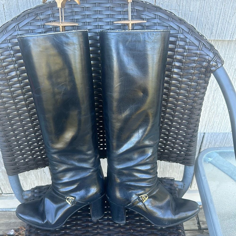 Gucci black leather harness logo boots VINTAGE ITALIAN sz 55 1/5